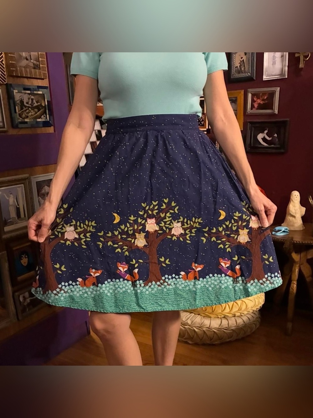 Retrolicious Woodland Print A Line Skirt Women Size Medium Owl Fox Stars